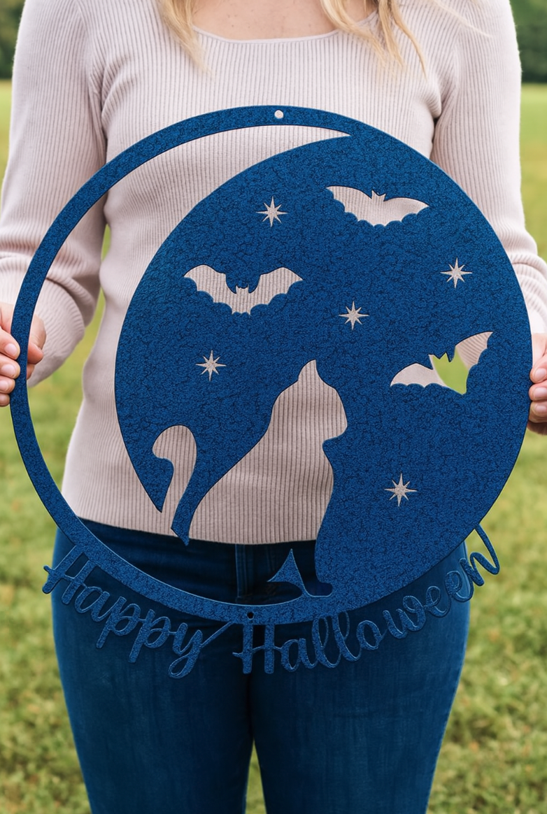 “Happy Halloween” Cat & Bat Steel Sign