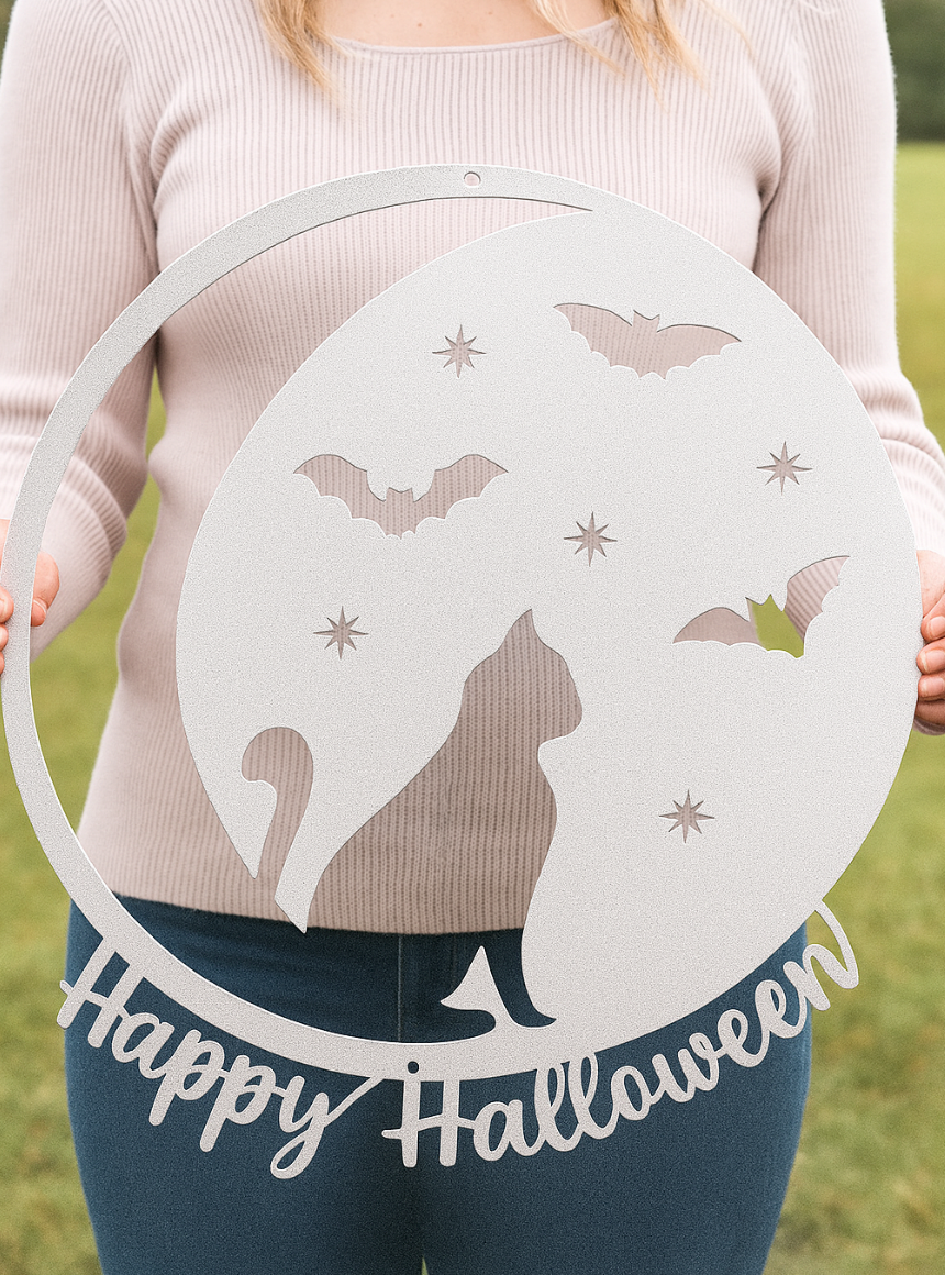 “Happy Halloween” Cat & Bat Steel Sign