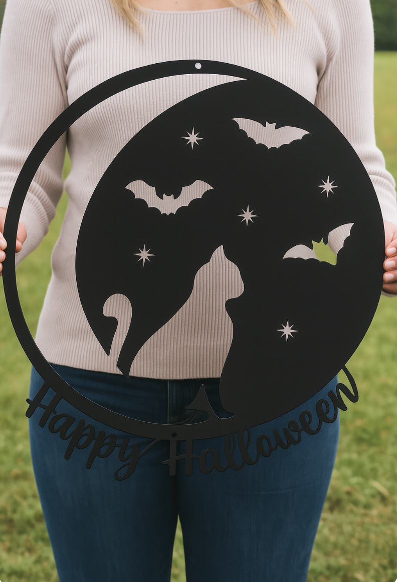 “Happy Halloween” Cat & Bat Steel Sign