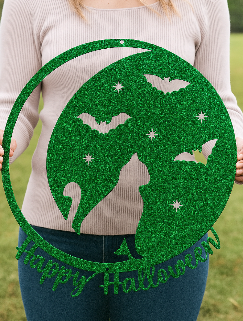 “Happy Halloween” Cat & Bat Steel Sign