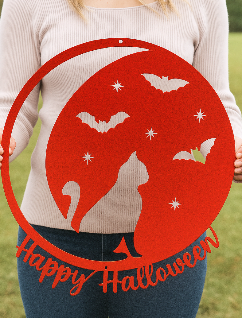 “Happy Halloween” Cat & Bat Steel Sign