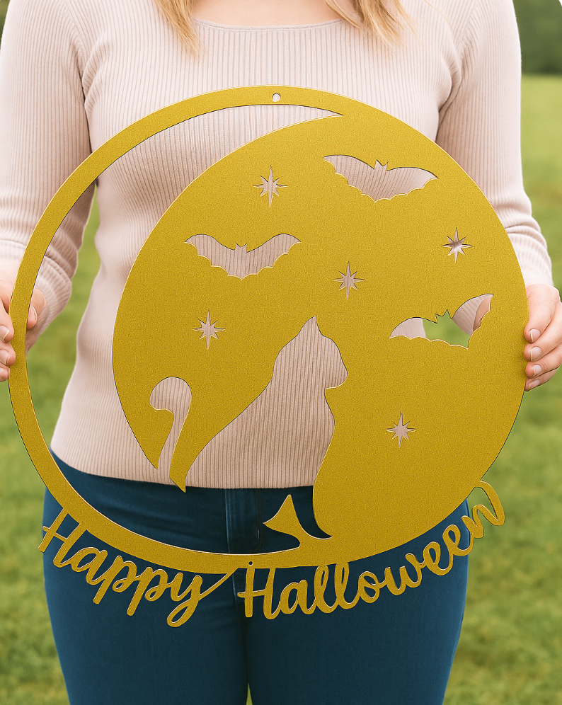 “Happy Halloween” Cat & Bat Steel Sign